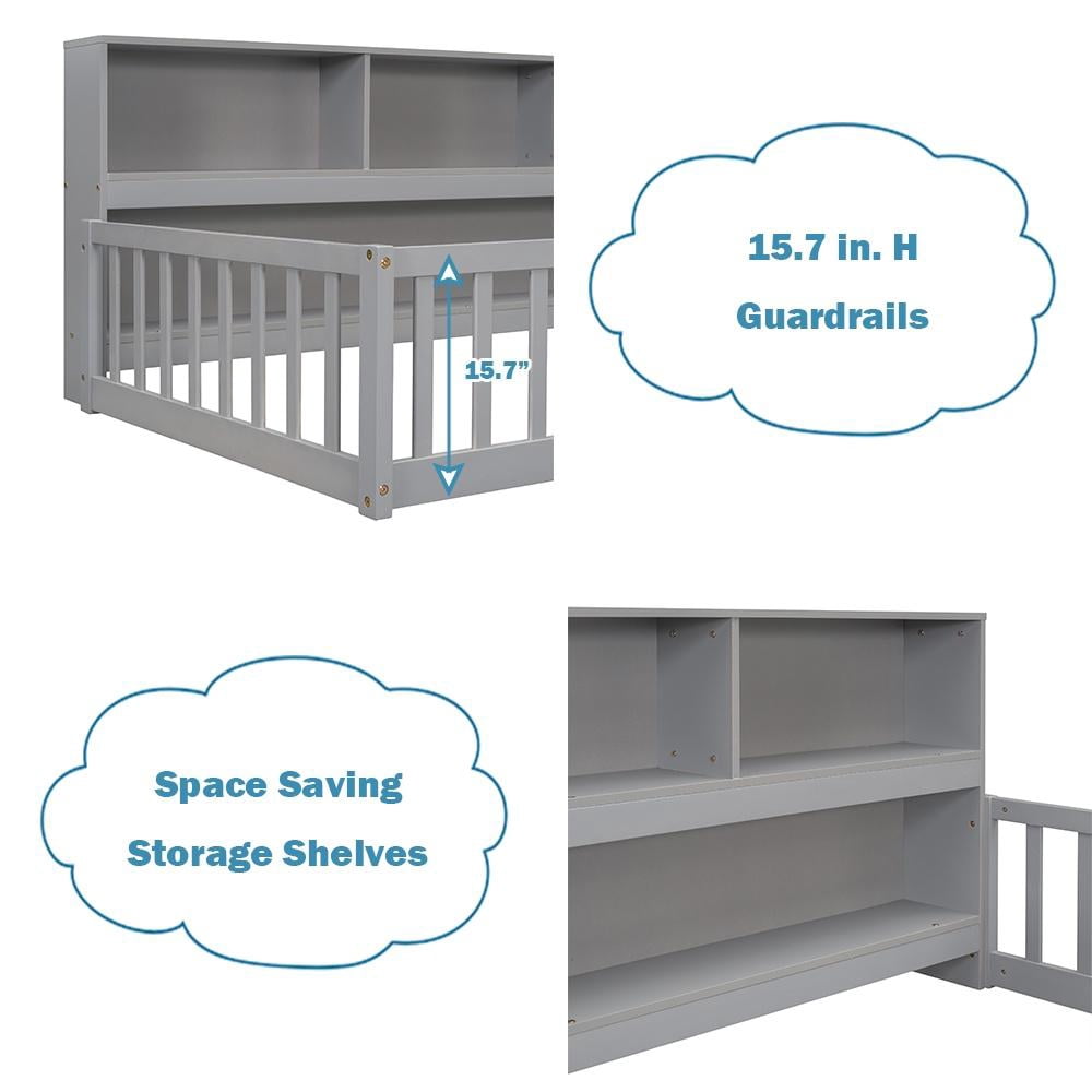 Bellemave Twin Size Floor Bed Frame with Fence and Bookcase Floor Bed Low Montessori Bed Frame with Storage Shelves (Twin, Gray)