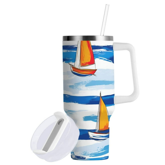 Yayeee 40oz Double-Wall Insulated Stainless Steel Tumbler with Handle Bottle, Orange Sailboats