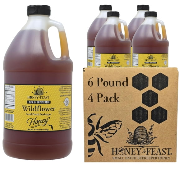 HONEY FEAST Wildflower Honey - 6 Pounds (Pack of 4), All Natural, Unfiltered, Unheated, Perfect for Sweetening & Baking
