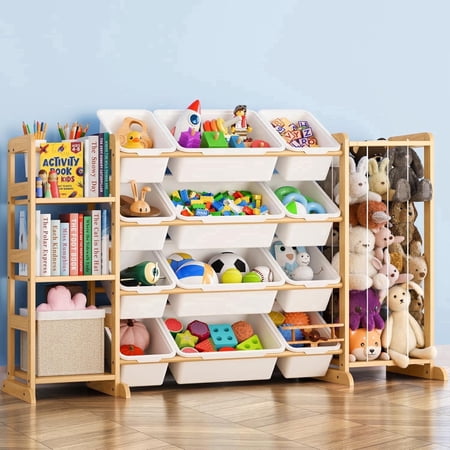 Toy Storage Organizer with Bookshelf and Stuffed Animal Storage - Kids Playroom Organization with Shelves and 12 Toy Bins - Toddler Living Room Toy Box for Lego - Nursery Bedroom Decor Essentials