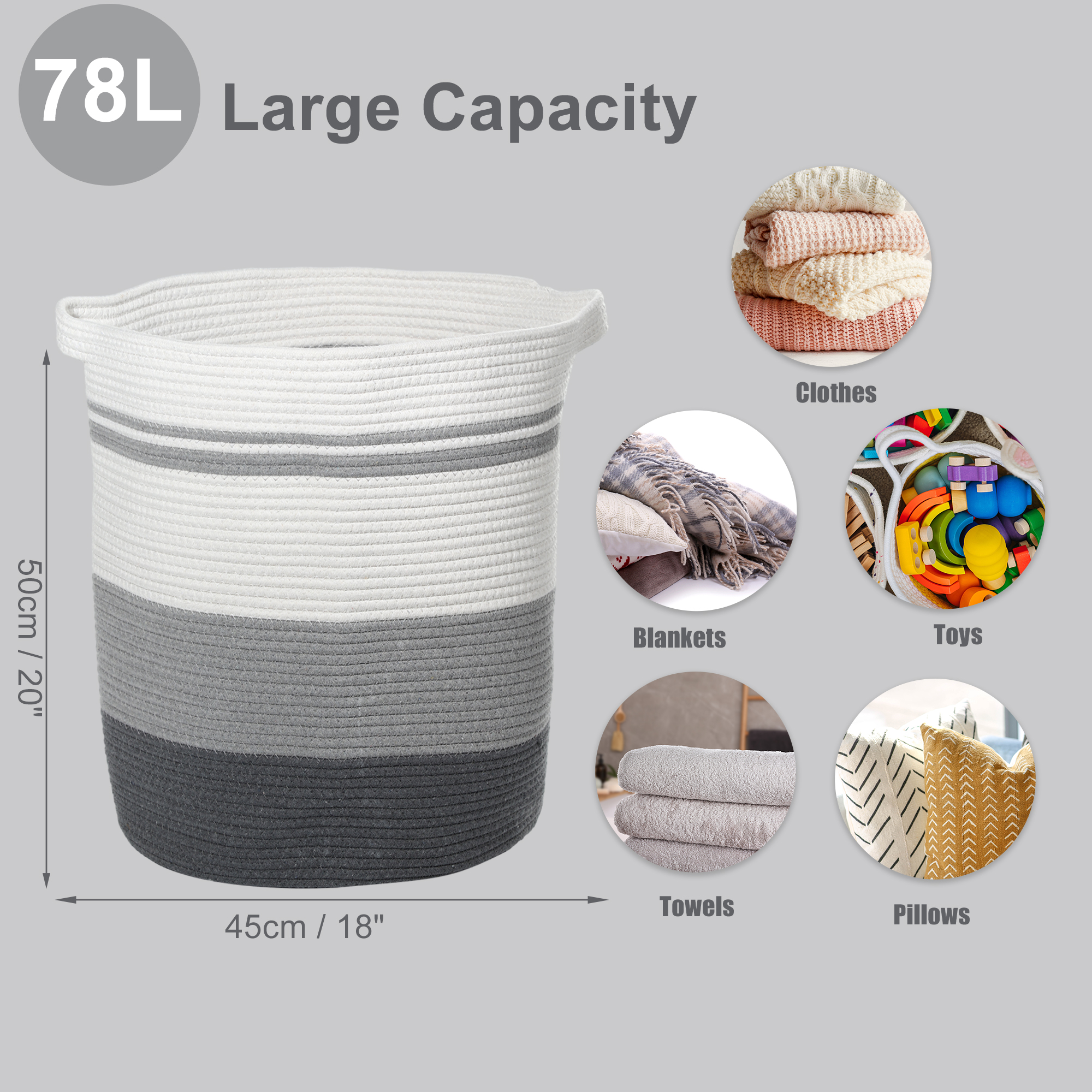 Unique Bargains Laundry Basket Hamper 18"x20" Tall Laundry Basket for Bedroom Baby Nursery Child's Laundry Hamper Gray