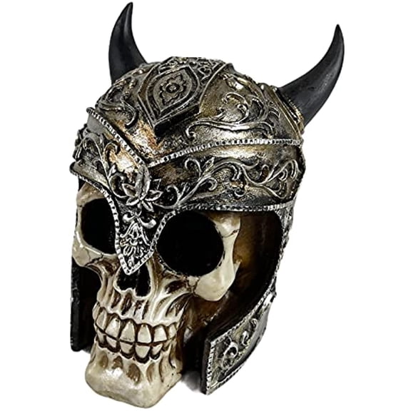 Urbalabs Viking Helmet Knight Warrior Steampunk Skull with Horns Skull Statue Skeleton Head Creepy Figurine Skull Gothic Decor Viking Decor Statue Goth Room Decor