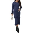 thumbnail image 1 of Vestido de maternidad de punto elástico de manga larga con volantes y rayas para mujer Inspire Chic, cálido para invierno, maxi en azul, talla grande, 1 of 6