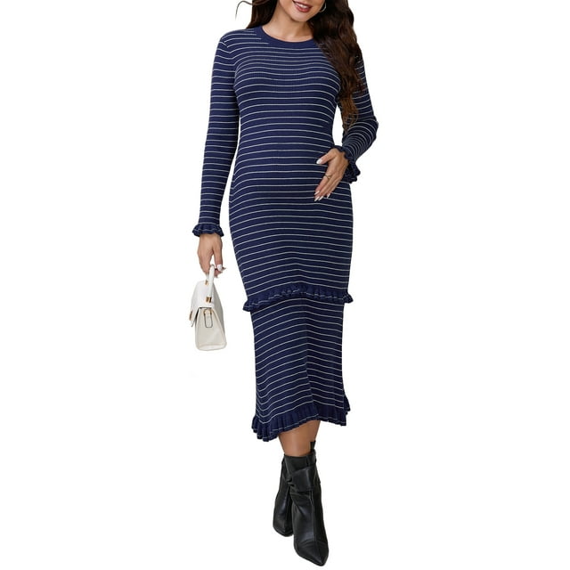 Vestido de maternidad de punto elástico de manga larga con volantes y rayas para mujer Inspire Chic, cálido para invierno, maxi en azul, talla grande