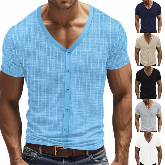 Txeol Weekly Sale Button Down Linen Shirts for Men Casual Short Sleeve V Neck Tops 2025 Summer Solid Color Lightweight Muscle Tees,Khaki,XXXL