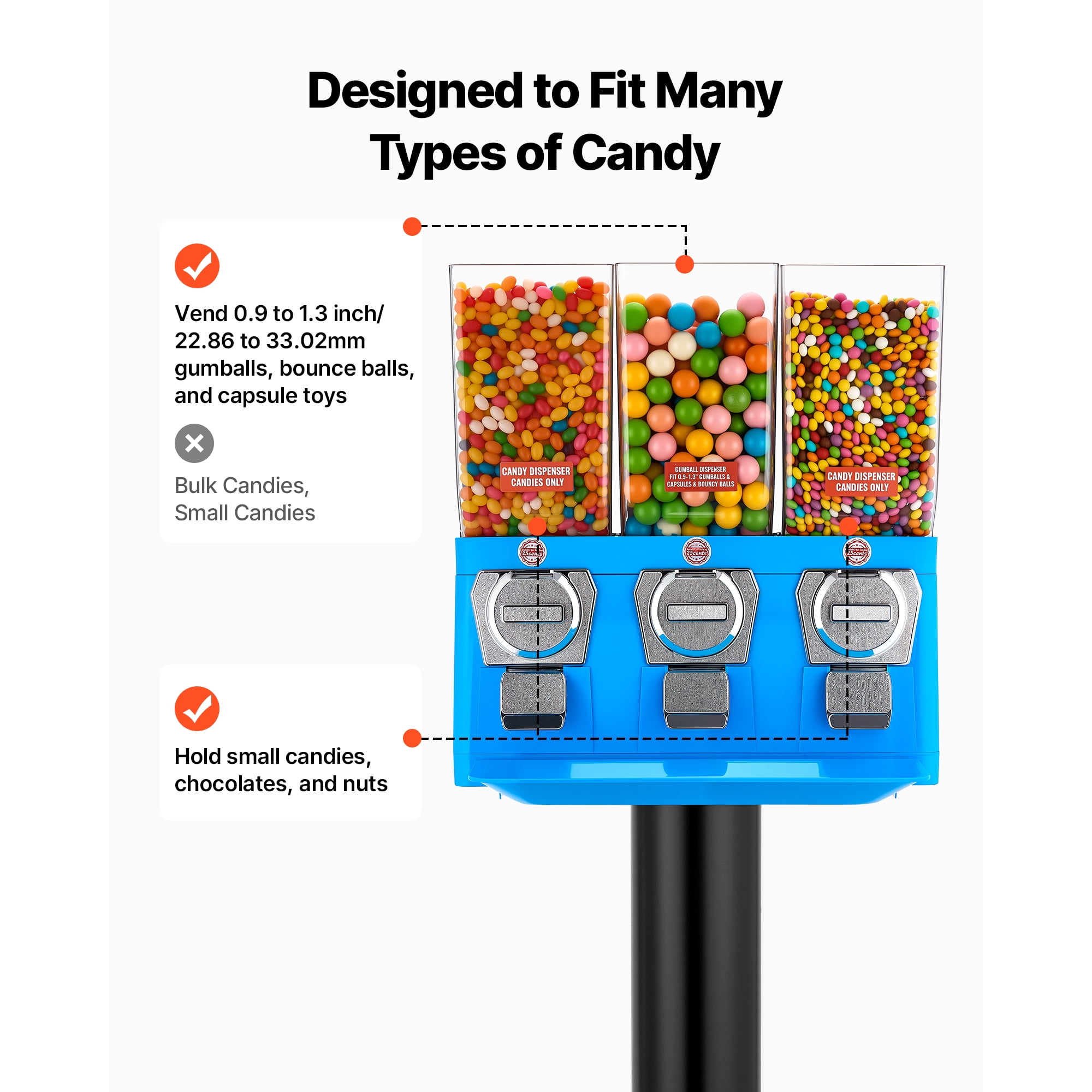 KFFKFF Triple Compartment Candy Vending Machine with Stand, Gumball and Candy Dispenser with Built-In Cash Box, Removable Design, Classic Candy Dispenser for Stores and Arcades
