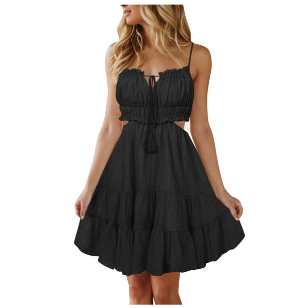 Vestido de playa con cuello en V y estampado floral para mujer 2025 - Tirantes finos con lazo en la parte delantera - Vestido boho informal de verano - Tejido de gasa