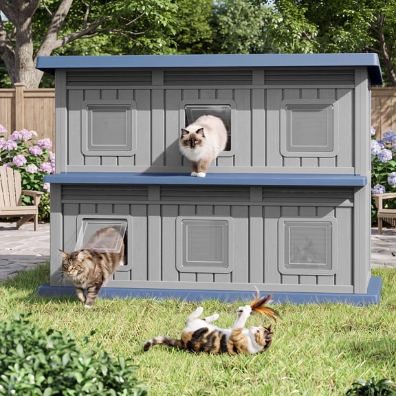 Nihsuao Outdoor Cat House, Double-Decker Weatherproof Resin Cat Shelter with Adjustable Window & Balcony, UV Protection for Feral Cats, Easy Assembly, Blue & Gray
