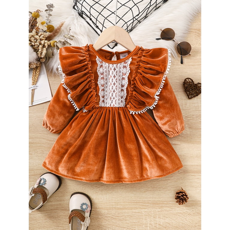 Kucnuzki Newborn Baby Girl Clothes 3 Months Fall Winter Dress 6 Months Long  Sleeve Lace Trims Stitching Solid Color Dress Orange 3-6 Months