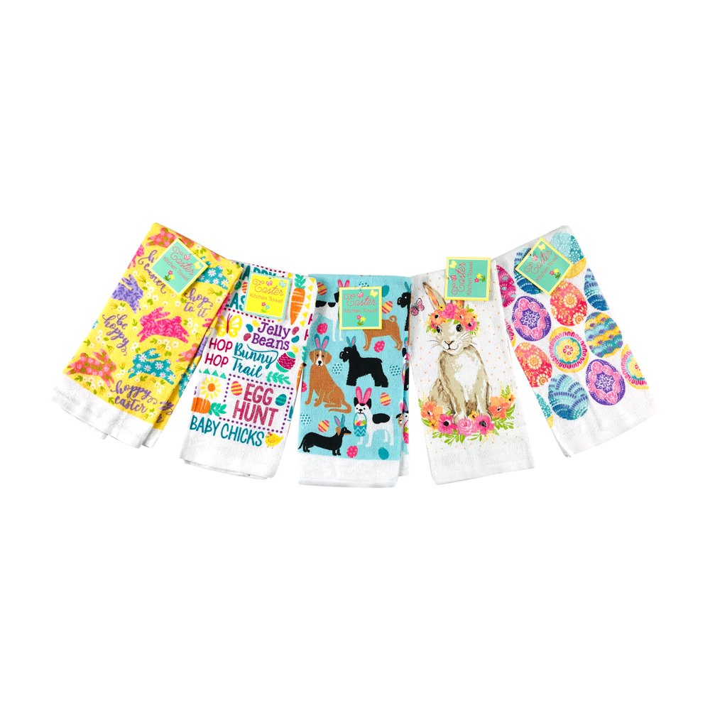 Assorted Easter Spring Kitchen Dish Towels, 5 Pc. Bunny, Eggs, Dogs