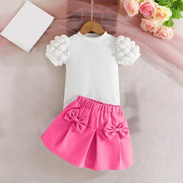 Girl's Solid Color Two Piece Outfits Cap Sleeve Crop Top and Skirt