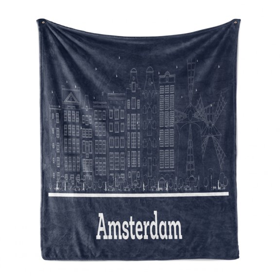 Amsterdam Soft Flannel Fleece Blanket, Monochrome Design of the City Outline Drawing Modern Architecture, Cozy Plush for Indoor and Outdoor Use, 70" x 90", Dark Blue Grey and White, by Ambesonne