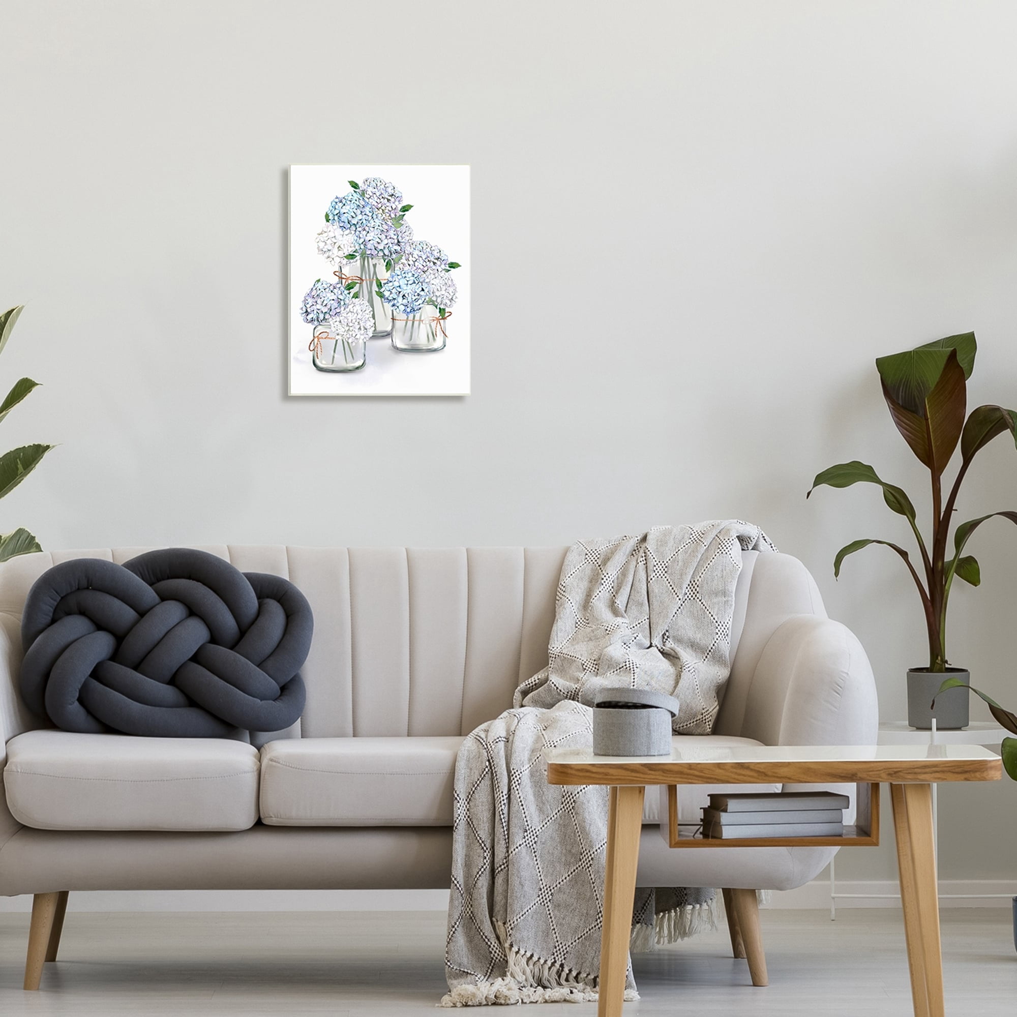 Stupell Industries Delicate Hydrangea Blossoms Arrangement Glass Jars Illustration Wood Wall Art - White 13 x19