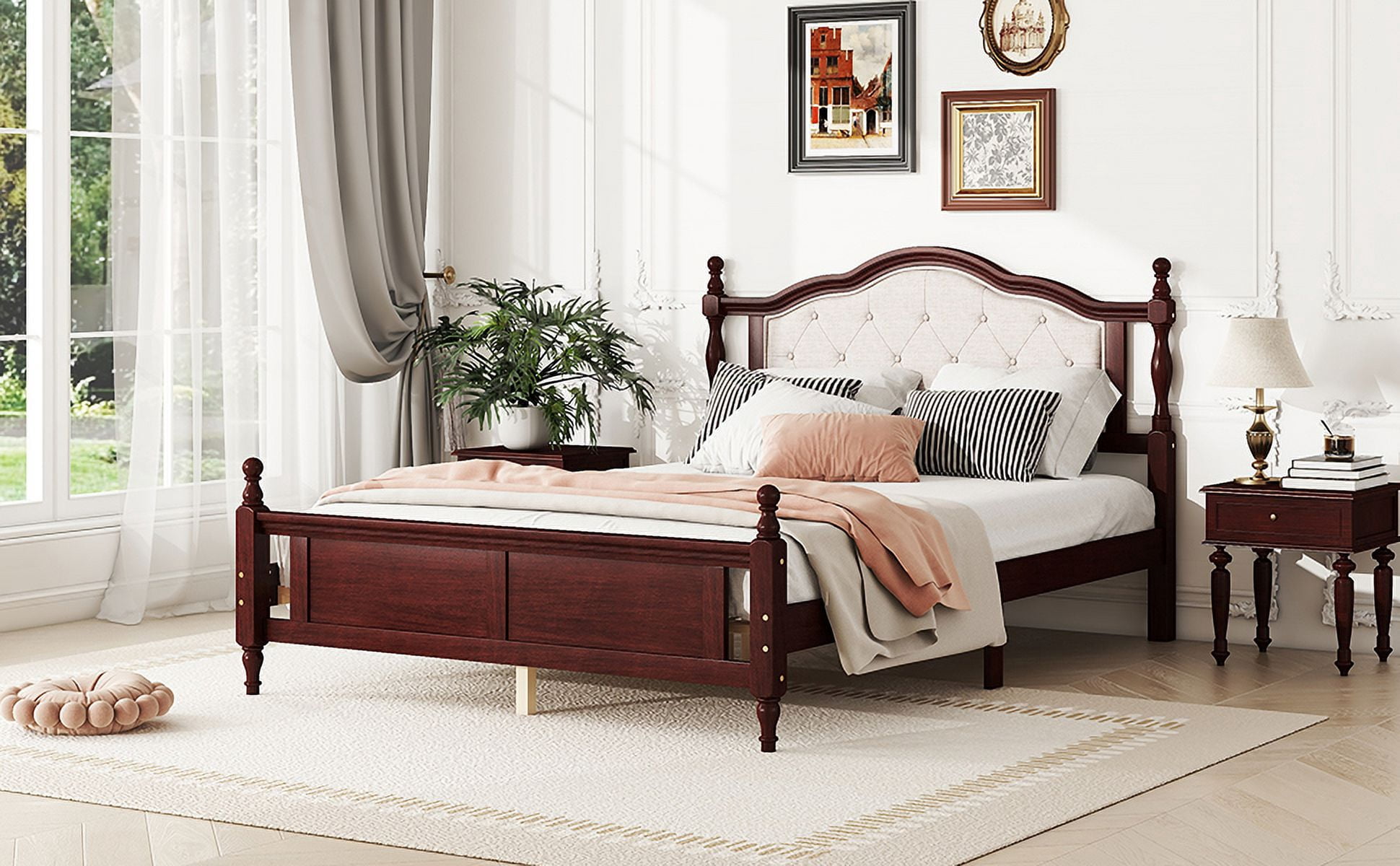 Duxelifin Queen Size Bed Frame with Upholstered Headboard and Footboard, Wood Platform Bed with Bed Rail Support Feet, Wood Slat Support, No Box Spring Needed, Cherry
