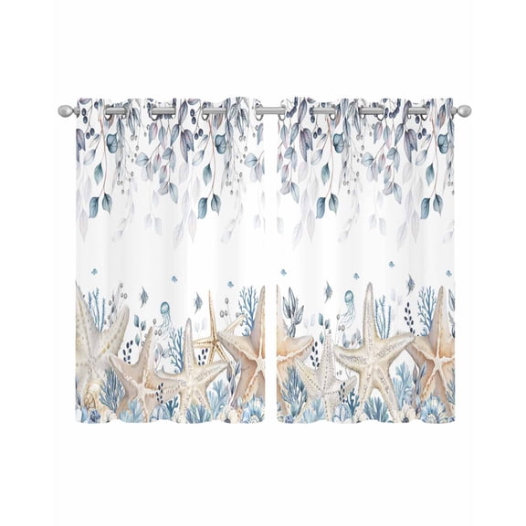 Blue Beige Coastal Sheer Curtains 39 Inch Length 2 Panels Set for Living Room/Bedroom, Beach Starfish Summer Eucalyptus Kitchen Curtains Grommet Semi-Sheer Curtains Window Treatments 27.5"x39"x2