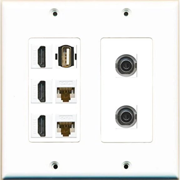 RiteAV 3 HDMI 2 3.5mm 2 Cat6 USB A-A Wall Plate White