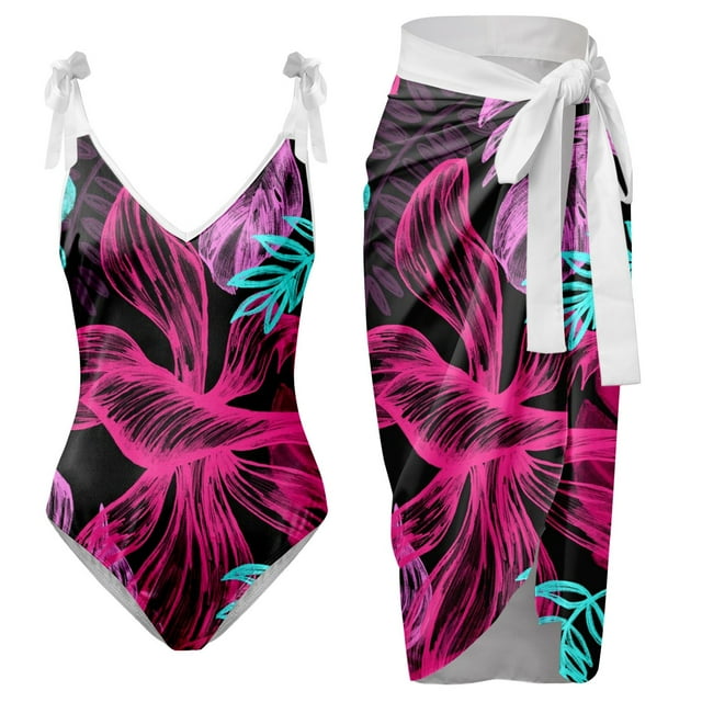 Gibobby Bañador de una pieza Traje de baño con estampado de flores y cuello en V para mujer Conjuntos de bikini con falda y delantal(Rosa caliente,CH)