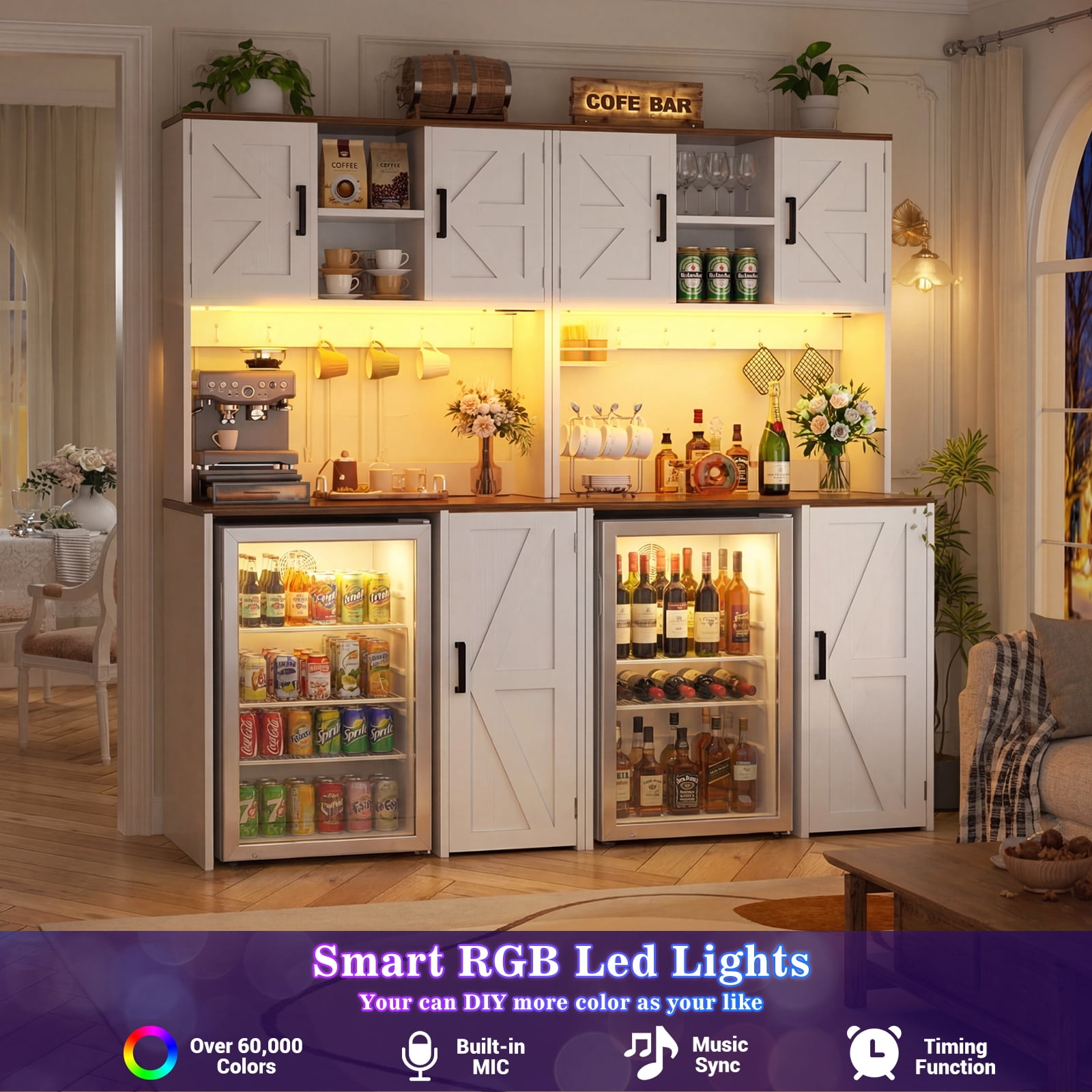 Aheaplus 2-in-1 Mini Fridge Cabinet & Coffee Bar Station Bundle - with Power Outlet, LED Light, Microwave Shelf & Storage, Ideal Beverage Center for Kitchen, Dorm, Office,White