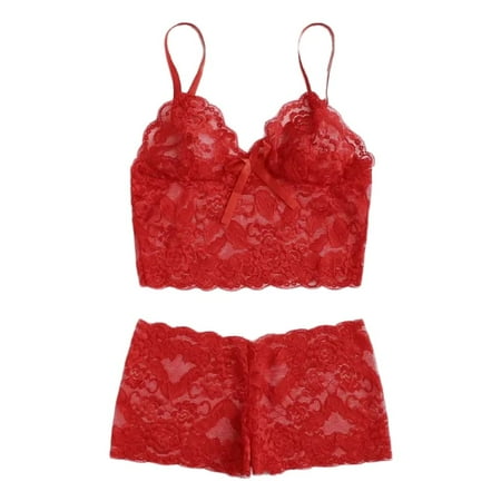 Red X-Large Women Lace Bra Lace Bra Set Lingerie Briefs Lingerie Underwear Pajamas Women Lingerie Set with Garter Lace Camisole Sleepwear Set