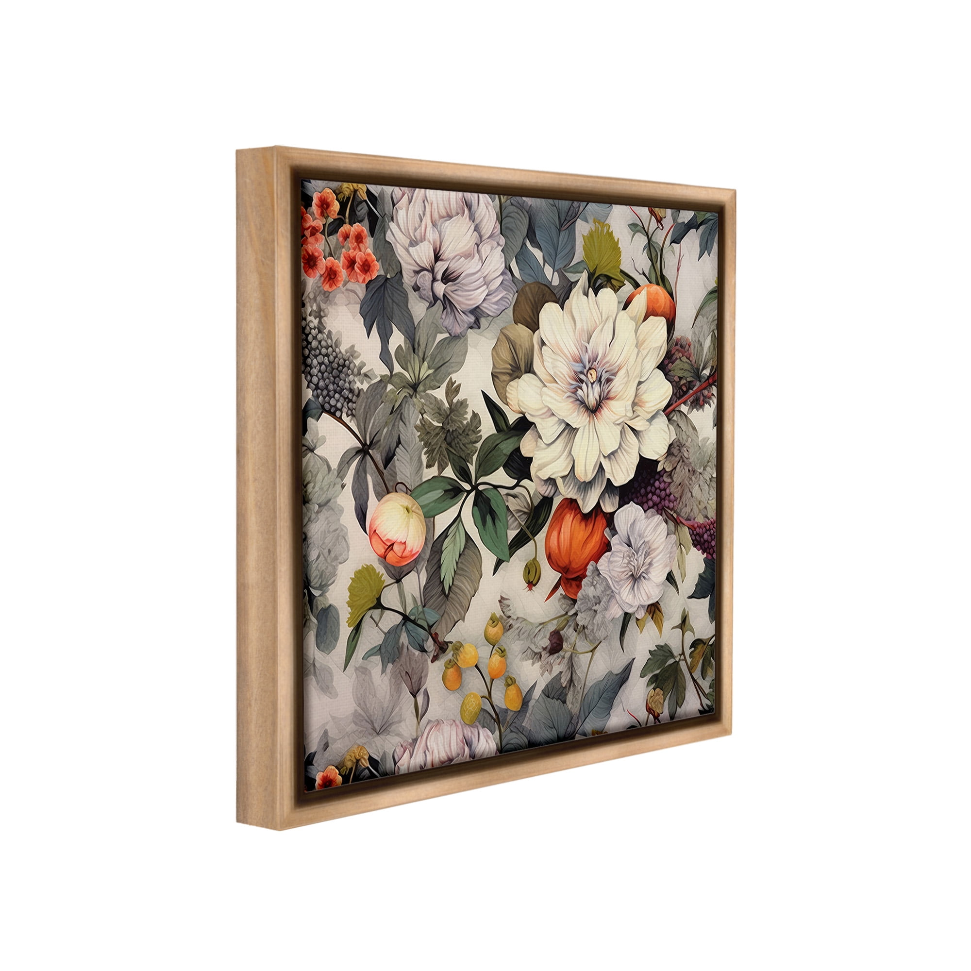 Stupell Industries Vintage Blooms & Fruit Botanical & Floral Painting Brown Floater Framed Canvas Art Print Wall Art, 25 x 25
