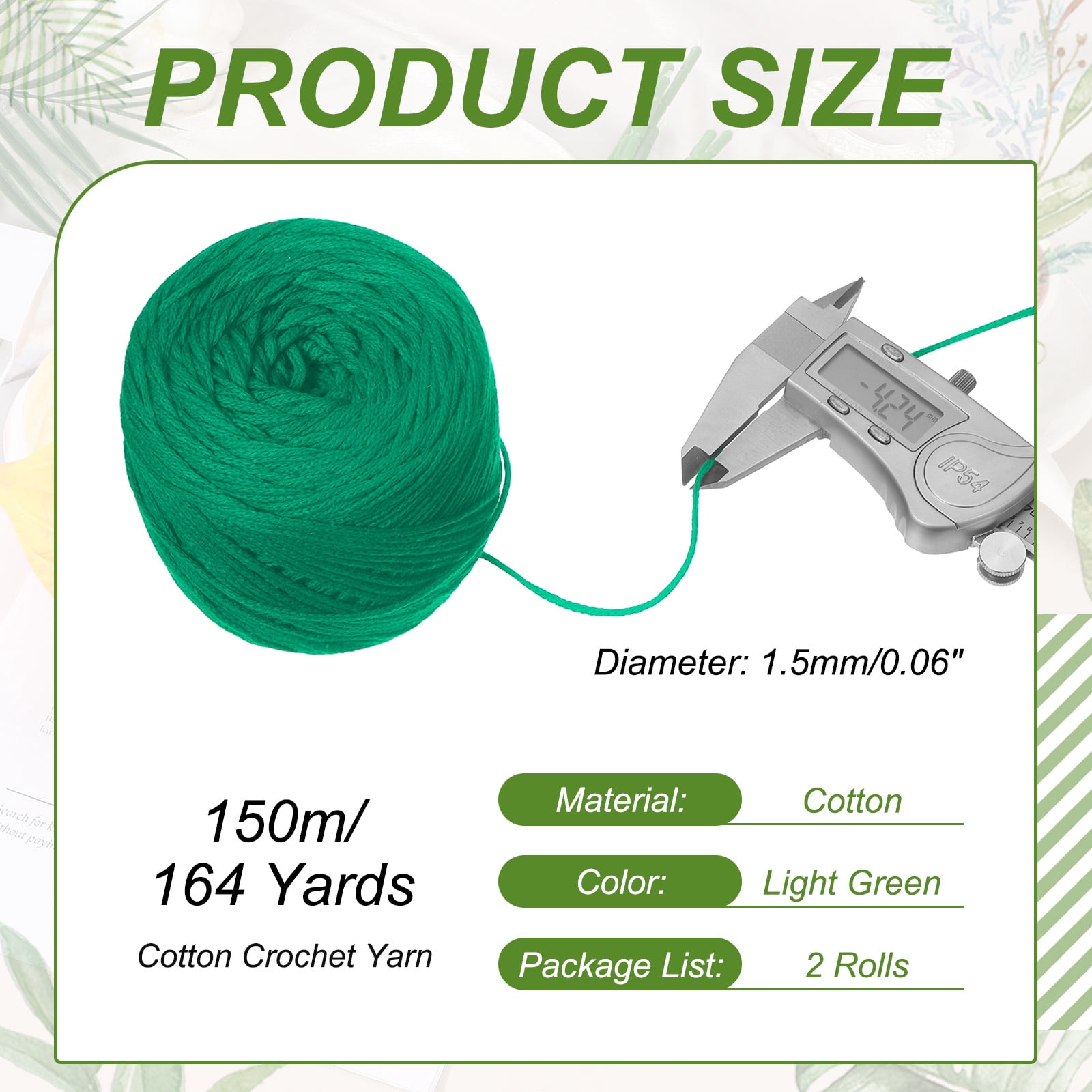 Uxcell 2 Roll Cotton Crochet Yarn, 1.5mm x 164 Yards Macrame Cord Braided Cotton Rope Twine String for Crochet Bag Knitting Crafts Wall Plant Hanging Gift Wrapping, Light Green