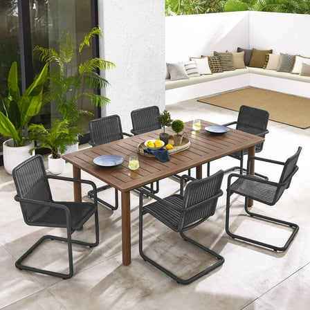 Abacus 7-Piece Dining Table Set with Rattan Armchairs in Slate Walnut