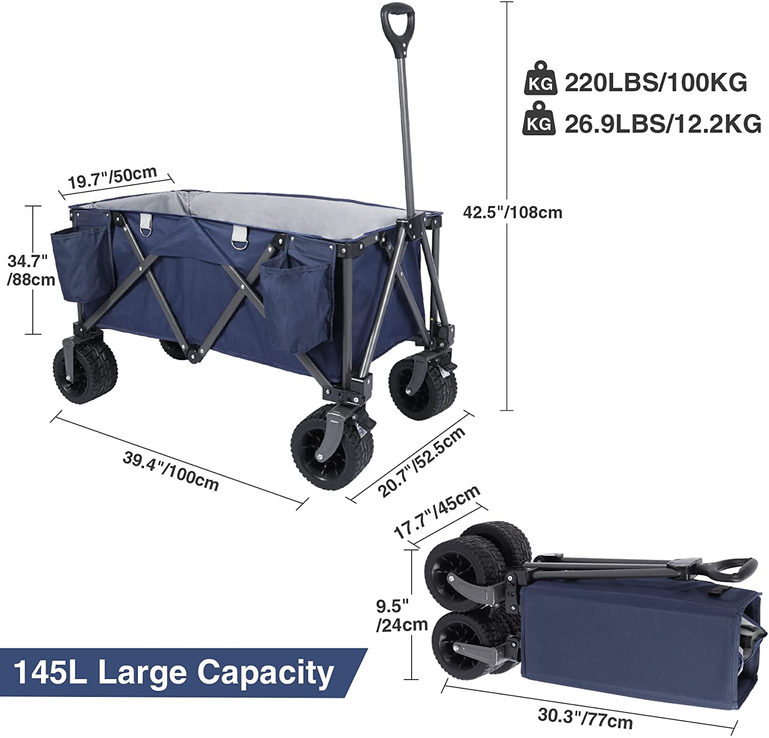 145L Large Foldable Utility Wagon with Wheels and Cup Holder for Camping Beach Garden Shopping REDCAMP Collapsible Wagon Cart Heavy Duty 