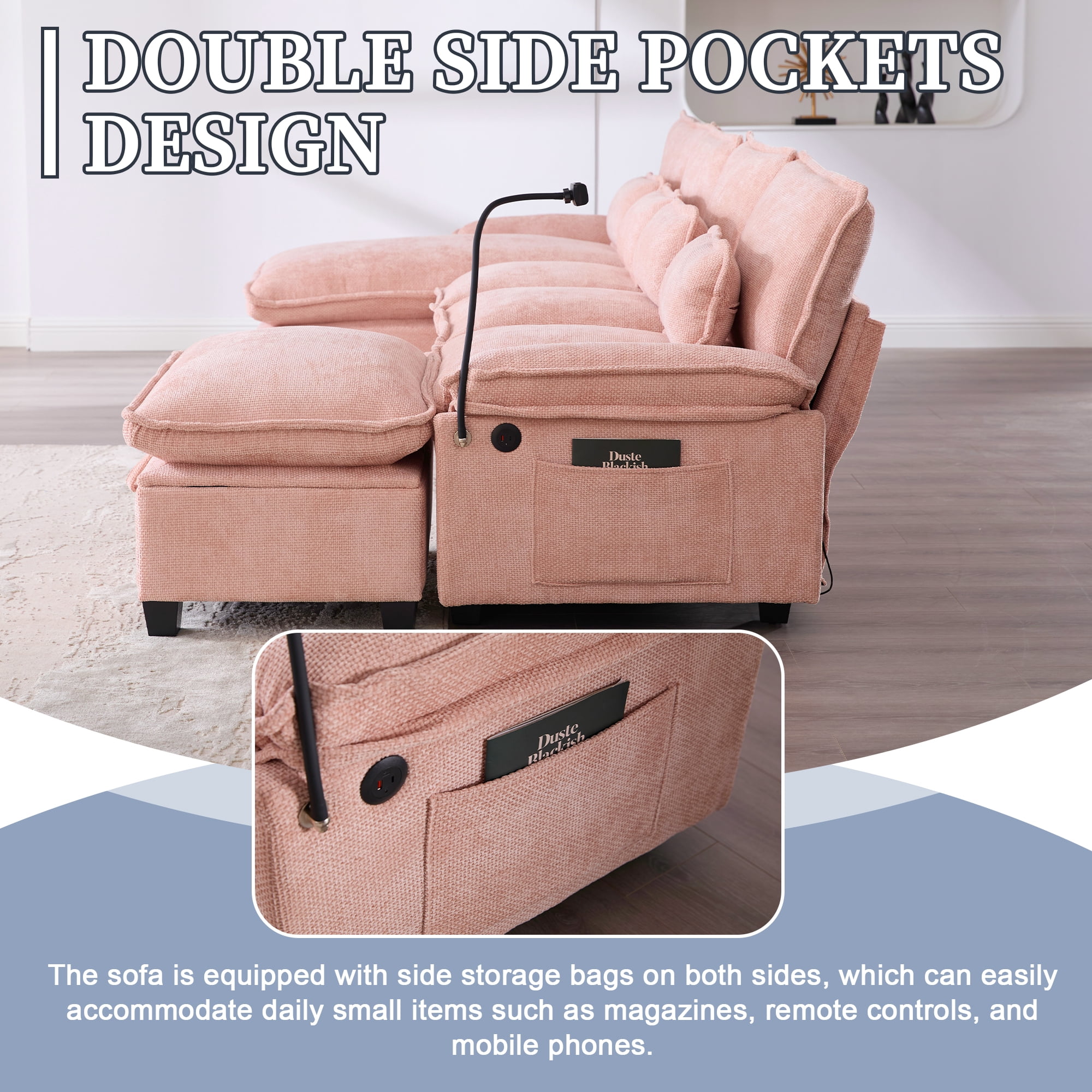 MOONMISS Chenille Upholstered Oversized U-shaped Comfy Modular Sectional Sofa with Storage Ottoman-Pink