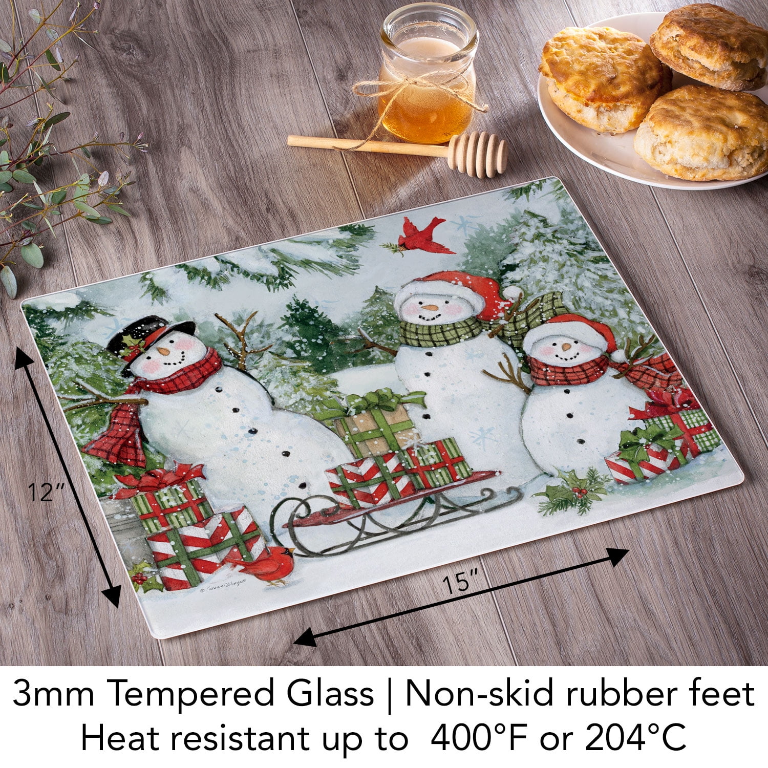 CounterArt Snowman's Farmhouse 3mm Tempered Glass Cutting Board 15" by 12"