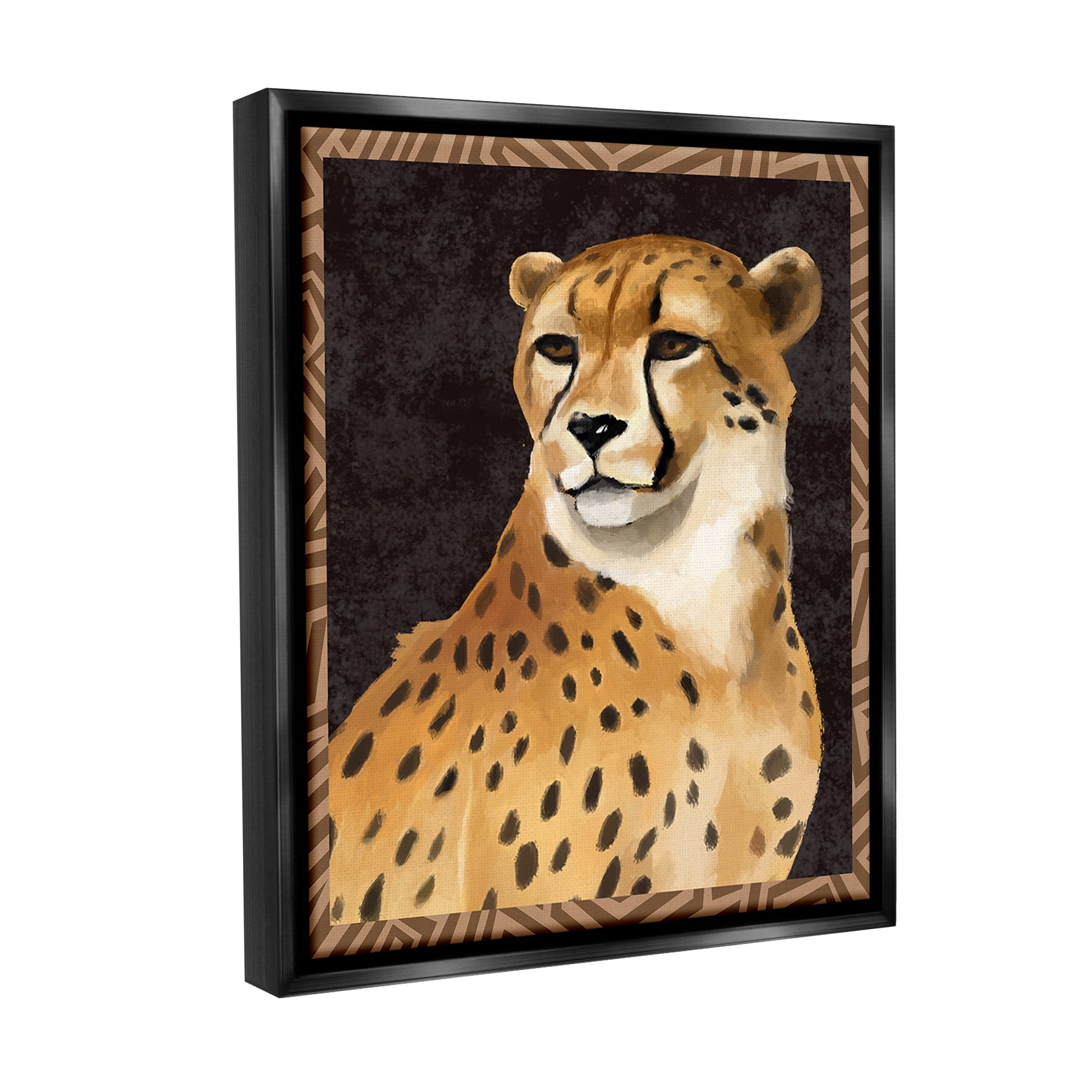 Stupell Industries Leopard with Geometric Border Animals & Insects Painting Black Floater Framed Canvas Art Print Wall Art, 25 x 31
