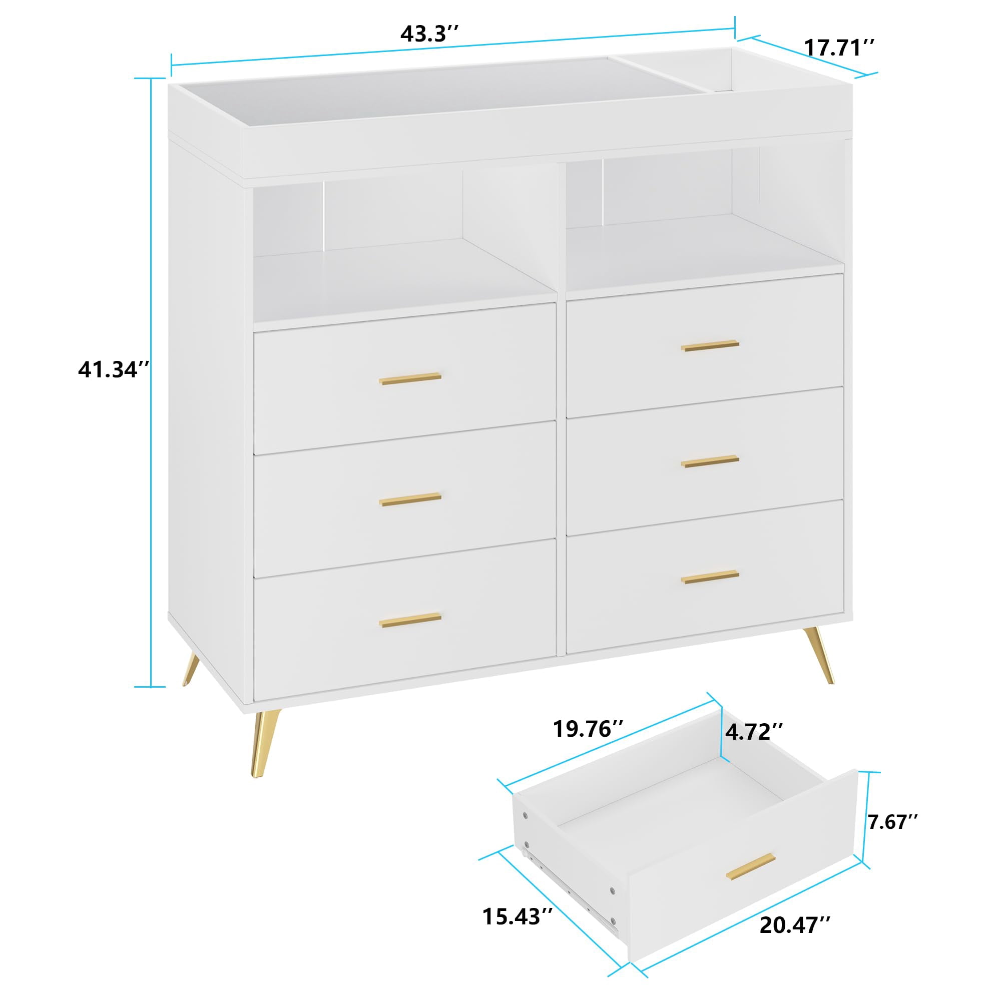TROPOW Dresser for Bedroom with LED Lights and Power Outlet, Baby Changing Table Dresser with 6 Drawers, 2 Open Storage Shelves, Baby Dresser with Changing Table Top,White
