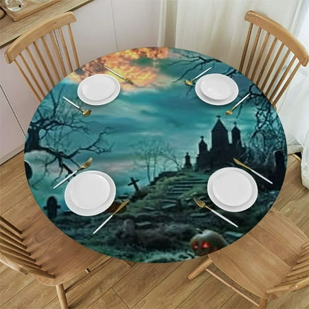 

Xllo0ord Fitted Round Tablecloth Halloween Lantern Cemetery Spooky Night Full Moon Table cover Elastic Edged Table Cloth Fits Round Tables 42 -46