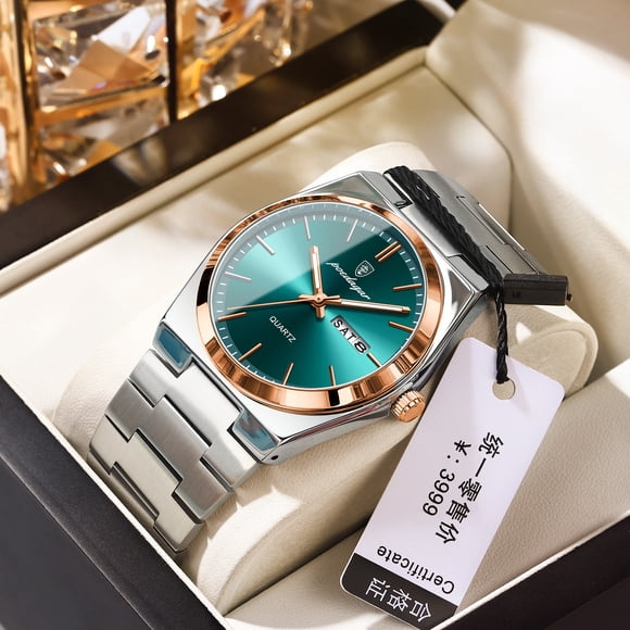 Swiss luxury men's watch, new ultra-thin waterproof quartz wristwatch, live stream: P930 rose gold and green dial with steel strap.