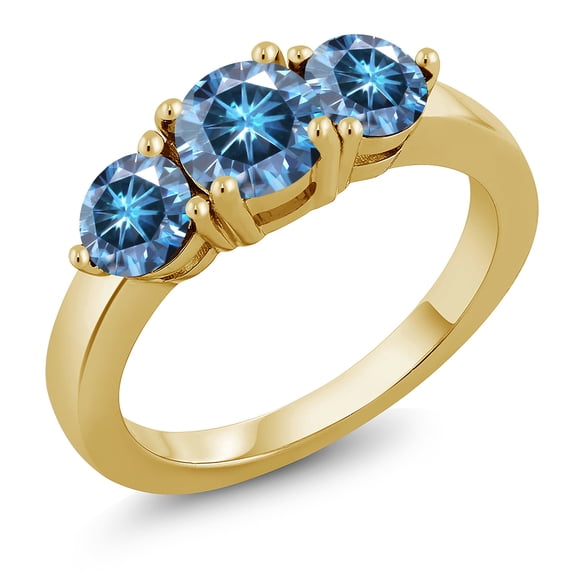 Gem Stone King 18K Yellow Gold Plated Silver 3-Stone Ring Round Persian Blue Moissanite and Vivid Moissanite Persian Blue (1.80 Cttw, Size 7)