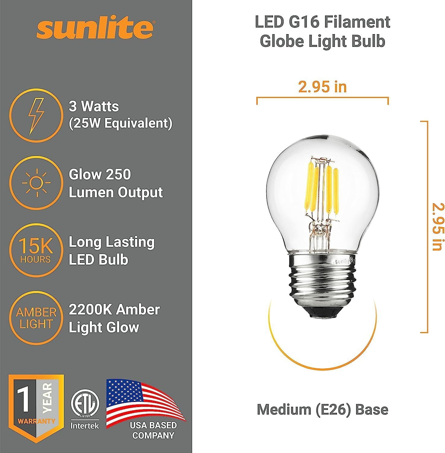 Sunlite LED G16 Filament Globe Light Bulb, 3 Watts (25W Equivalent), Medium E26 Base, Dimmable, Clear, UL Listed, 2700K Warm White, 6-Pack