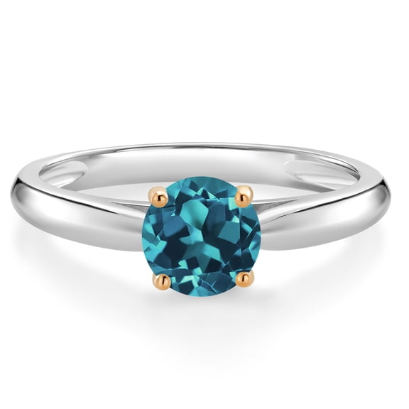 Gem Stone King 1.10 Ct Round London Blue Topaz 10K White and Yellow Gold Solitaire Engagement Ring (Size 6)