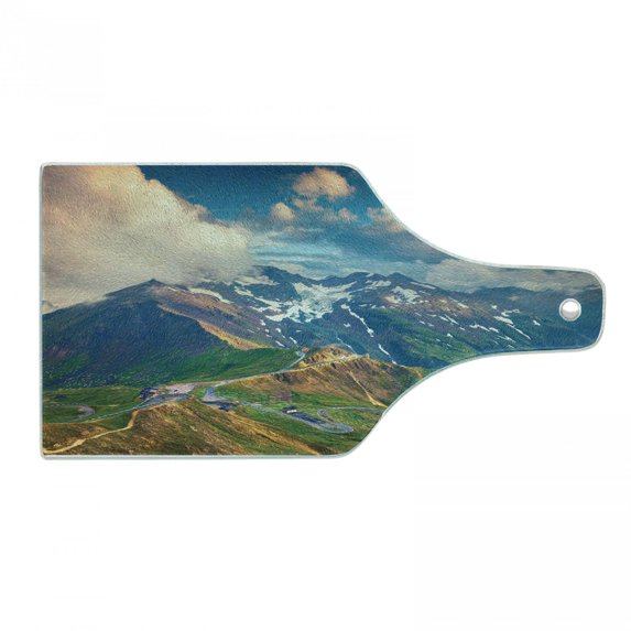 Mountain Cutting Board, Grossglockner High Alpine Road in Austria European Landscape Wanderlust Theme, Decorative Tempered Glass Cutting and Serving Board, Wine Bottle Shape, Multicolor, by Ambesonne