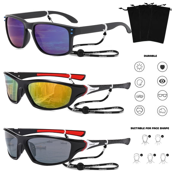 Sports Polarized Sunglasses 3 Pack, Mens Sports Sunglasses, Sports Polarized Sunglasses for Men Women, For Golf Hiking Fishing Driving, UV400 Protection (2 Style)