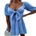 thumbnail image 3 of Robe Mini Unie Col en V pour Femmes Été Décontractée Robe Trapèze, 3 of 6