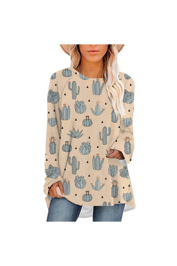 Women T-Shirt Oversized Tops Cartoon Cactus Print Shirts Long Sleeve Pullover Tee