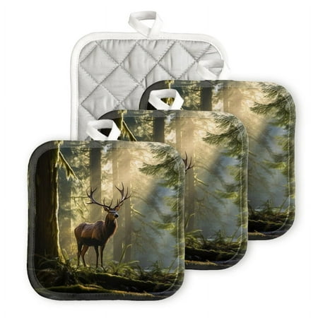 

Bahomeck Pot Holder 4Pcs Majestic Deer With Impressive Antlers Stands In The Heart Of Ancient Forest Square Heat Resistant Hot Pads For Kitchen Cooking Oven With Hanging Loop Potholder Easy To Store