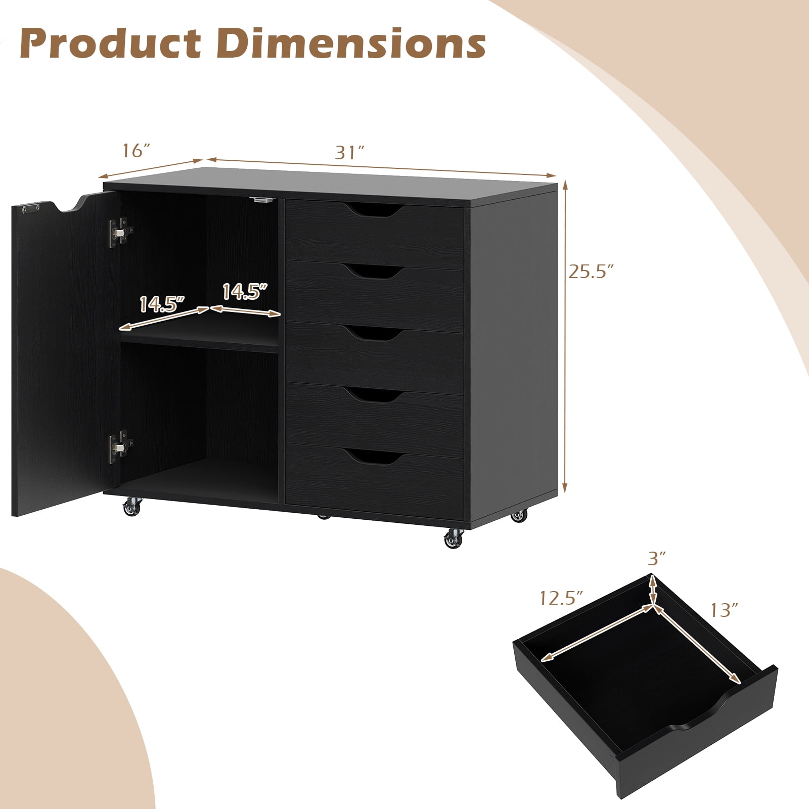 Costway 5-Drawer File Cabinet with Door, Wheels and 5-Level Adjustable Shelf for Home Black