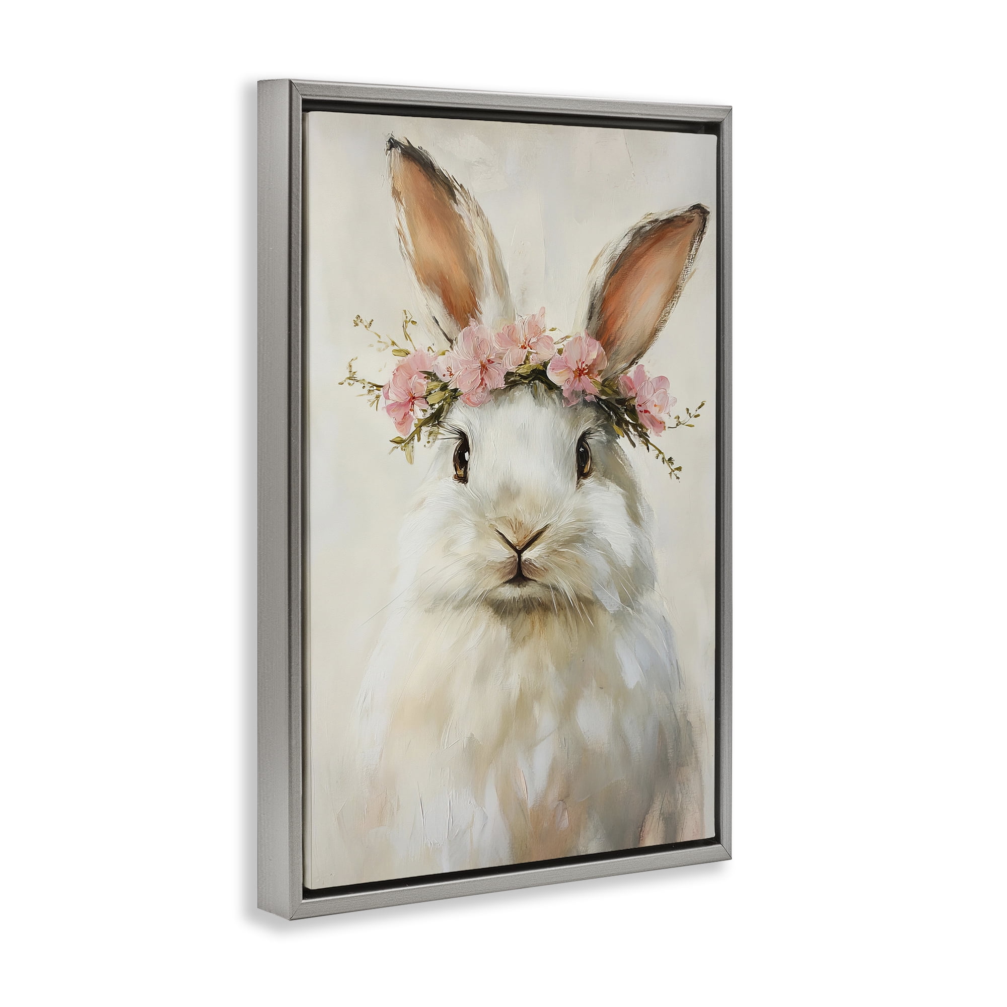 Stupell Industries Bunnykins with Pink Crown Gray Framed Floater Canvas Wall Art, design by Tina LeCour