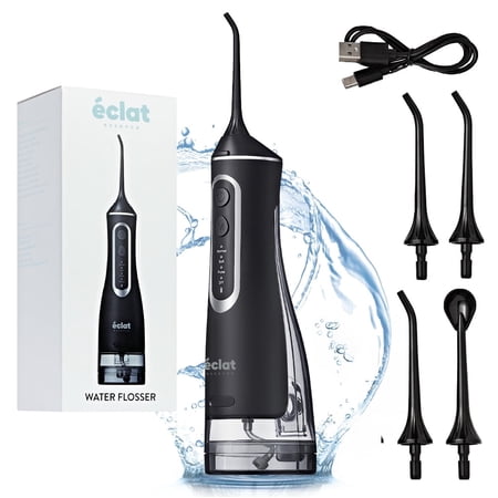 Éclat Portable Electric Waterproof Water Flosser for Deep Teeth Cleaning - 320ML Double Tank, USB-C Rechargable, Long Lasting 30 Day Charge, 4 Accessories Included BPA Free (Black)
