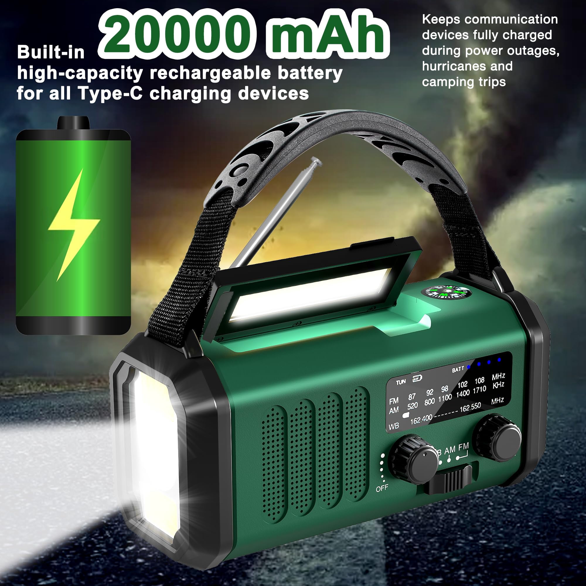 Emergency Radio-noaa Weather Radio 20000mah/74000mwh With Am/fm Portable Solar Panel/hand Crank/ac Input Rechargeable And Flashlight Sos Siren Lamp For Camping Indoor/outdoor Emergencies