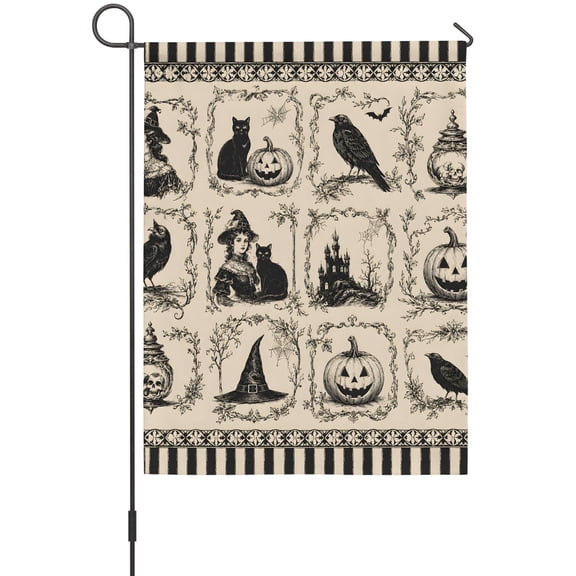 Halloween Garden Flag 12 x 18 Inches, Vintage Beige Black Cat Spooky Pumpkin Crow Haunted Castle Weather Proof Outdoor Patio Flags Double Sided Small Garden Decoration for Yard Outside Home
