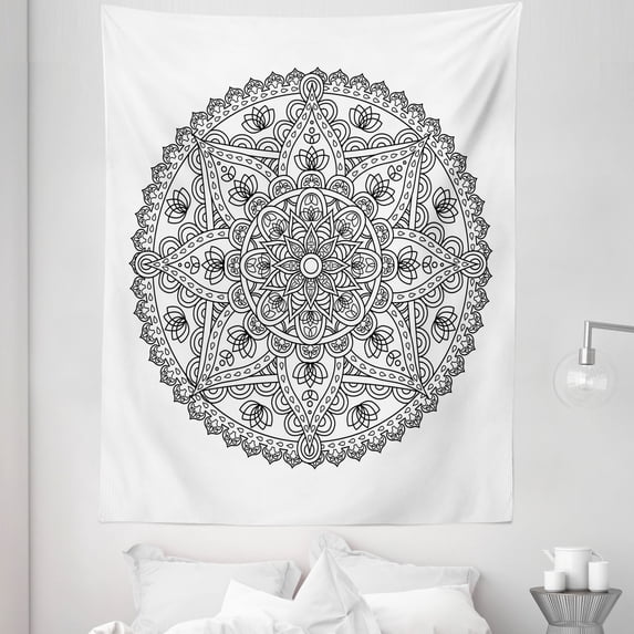Lotus Tapestry, Oriental Mandala Pattern Flower Petal Effect Style Monochrome Boho Design, Fabric Wall Hanging Decor for Bedroom Living Room Dorm, 5 Sizes, Grey White, by Ambesonne