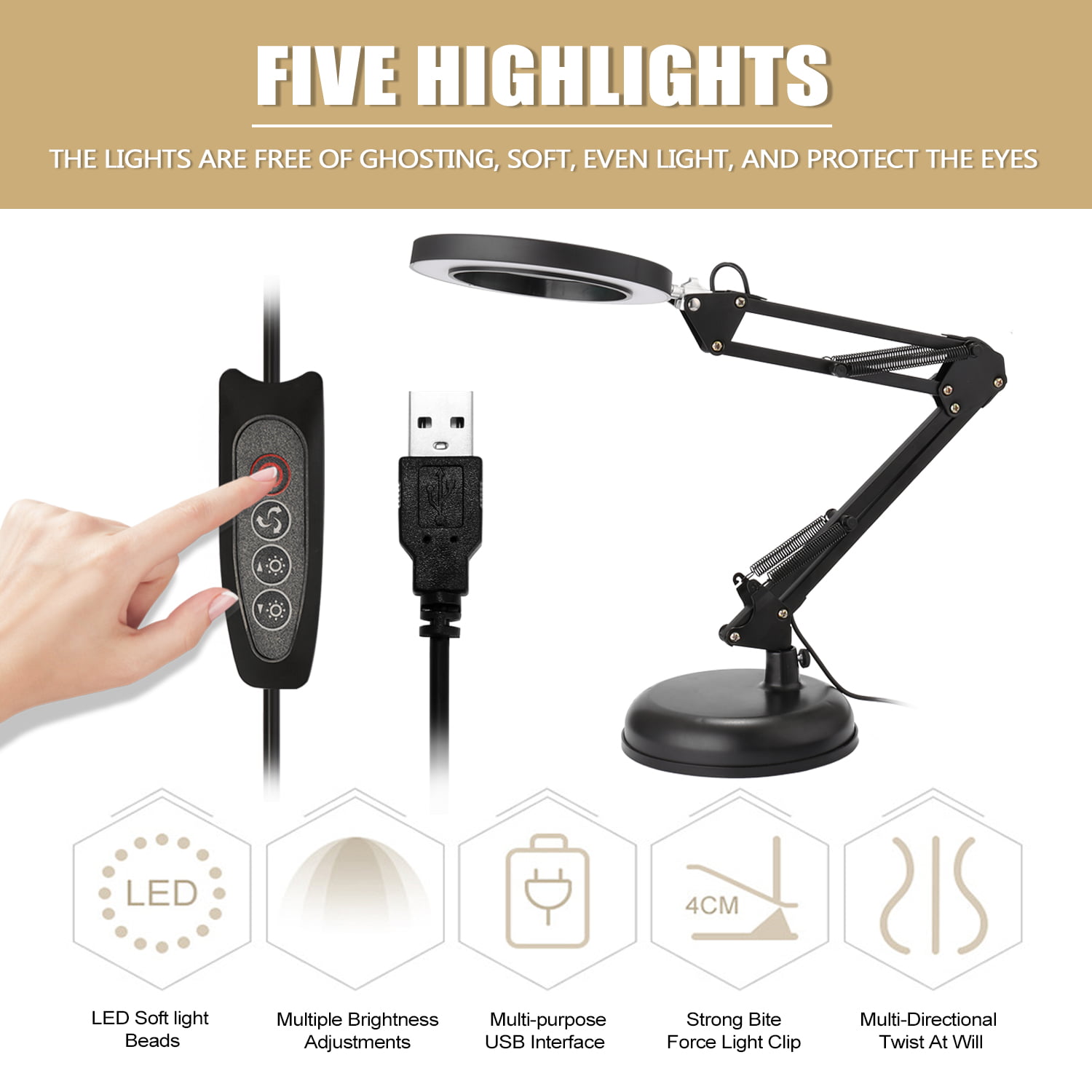 Foldable Professional 5X Magnifying Glass Desk Lamp Magnifier LED Reading Light