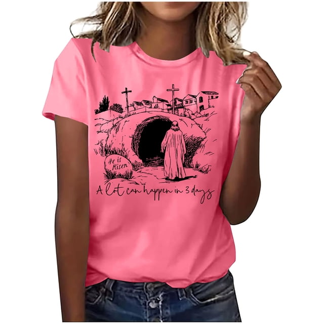 Mujeres Manga Corta de Verano Tops Pascua Impresa Cuello Redondo, Blusa de Moda Casual para la Primavera
