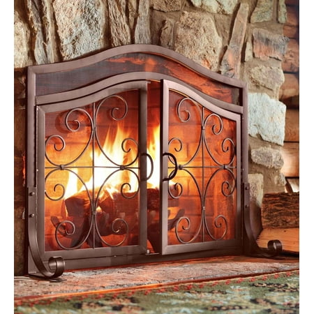 Small Crest Fireplace Fire Screen with Doors, Copper
